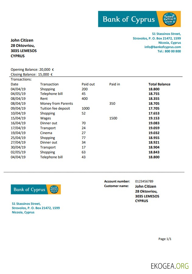 Relevé bancaire de la Banque de Chypre de Chypre